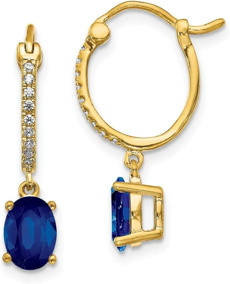 Real 14k Yellow Gold 1/10ct Diamond and Sapphire Blue September Gemstone Dangle Hoop Earrings - 23mm x 5mm