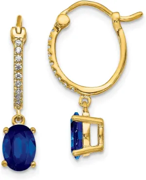 Real 14k Yellow Gold 1/10ct Diamond and Sapphire Blue September Gemstone Dangle Hoop Earrings - 23mm x 5mm