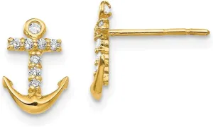 Real 14k Yellow Gold CZ Cubic Zirconia Anchor Post Studs Earrings - 10mm x 6mm