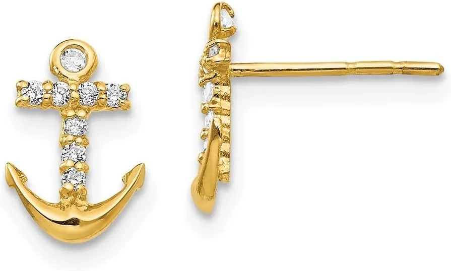 Real 14k Yellow Gold CZ Cubic Zirconia Anchor Post Studs Earrings - 10mm x 6mm