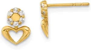 Real 14k Yellow Gold CZ Cubic Zirconia Heart Post Studs Earrings - 9mm x 6mm