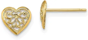 Real 14k Yellow Gold Filigree Heart Post Studs Earrings - 7mm x 7mm