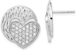 Real 925 Sterling Silver And Brushed Disc With CZ Cubic Zirconia Heart Post Studs Earrings 20mm