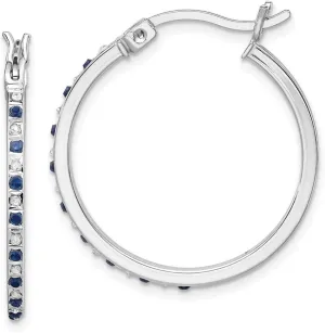 Real 925 Sterling Silver Diamond Mystique Platinum-plated Dia/Sapphire Hoop Earrings