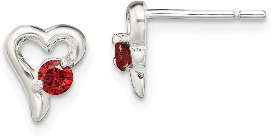 Real 925 Sterling Silver with Red CZ Cubic Zirconia Heart Post Studs Earrings - 9mm x 7mm