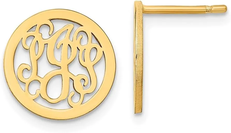 Real 925 Sterling Silver Yellow Gold-Plated Laser Small Monogram Circle Post Studs Earrings 13mm