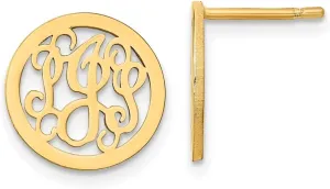 Real 925 Sterling Silver Yellow Gold-Plated Laser Small Monogram Circle Post Studs Earrings 13mm