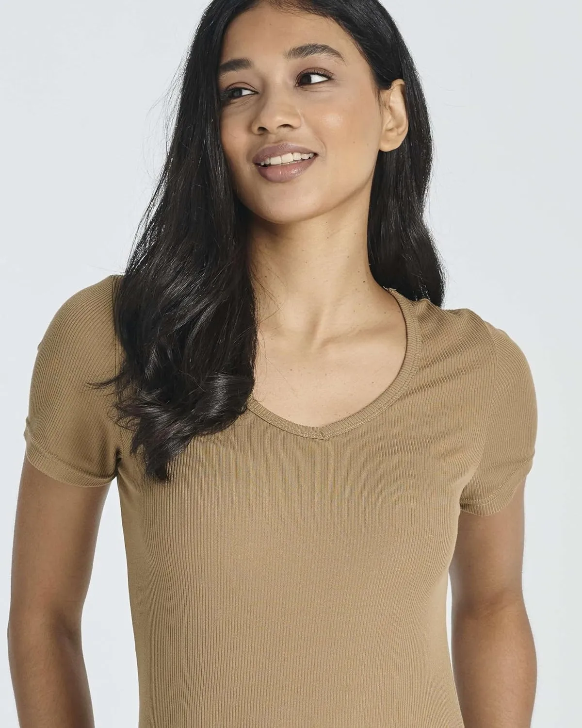 Real Essentials 5 Pack: Women's Soft Ribbed Short Sleeve V-Neck T-Shirt Casual Summer Tee Shirts
