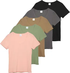 Real Essentials 5 Pack: Women's Soft Ribbed Short Sleeve V-Neck T-Shirt Casual Summer Tee Shirts