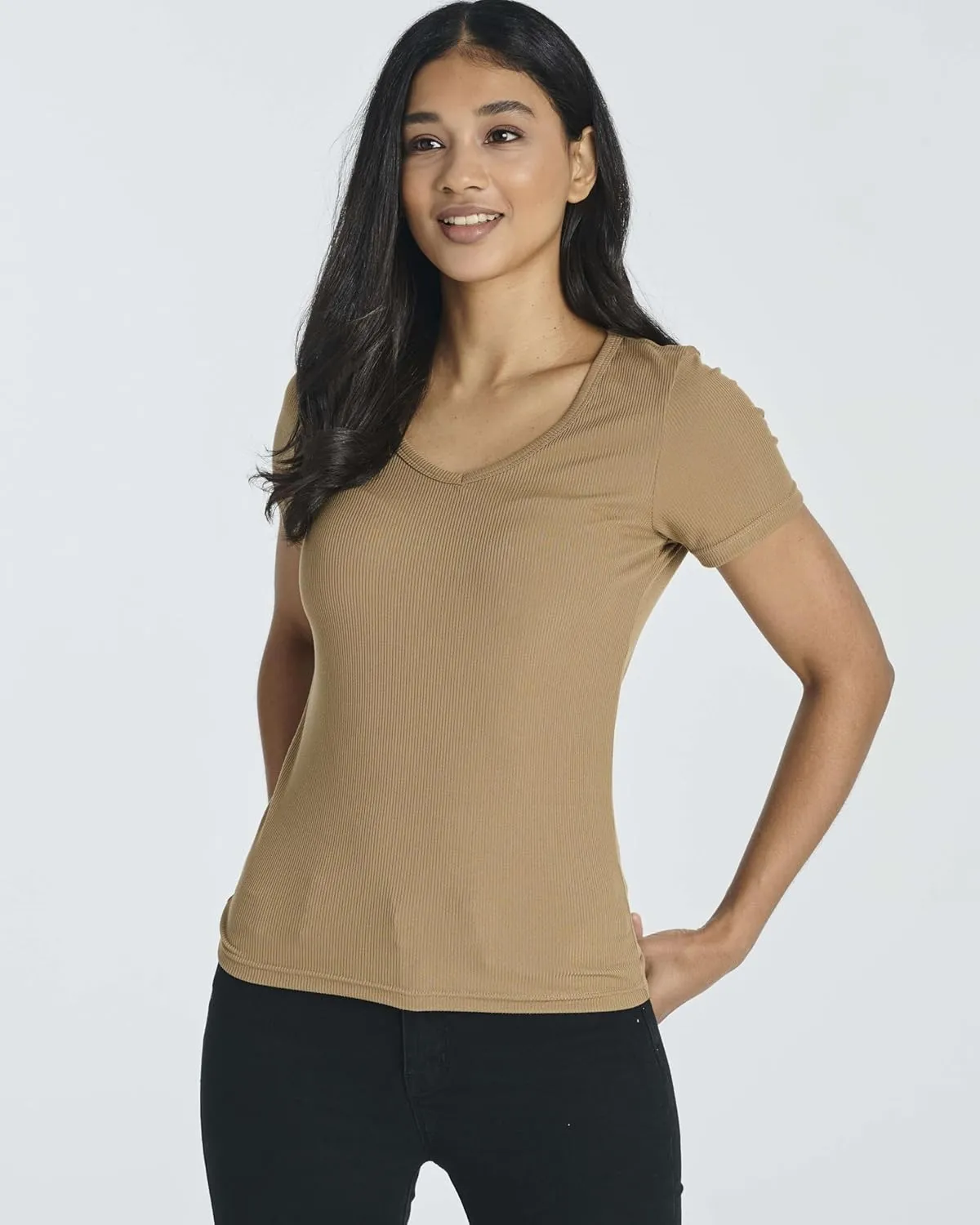 Real Essentials 5 Pack: Women's Soft Ribbed Short Sleeve V-Neck T-Shirt Casual Summer Tee Shirts