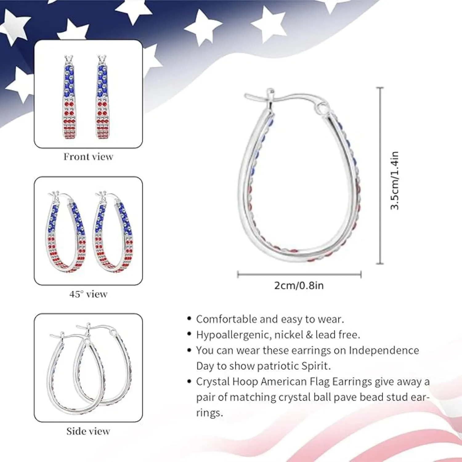 Red White and Blue Patriotic Earrings, Crystal Hoop Earring for Women, Sparkly American Flag Earring, 4th of July Earrings for Women