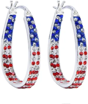 Red White and Blue Patriotic Earrings, Crystal Hoop Earring for Women, Sparkly American Flag Earring, 4th of July Earrings for Women