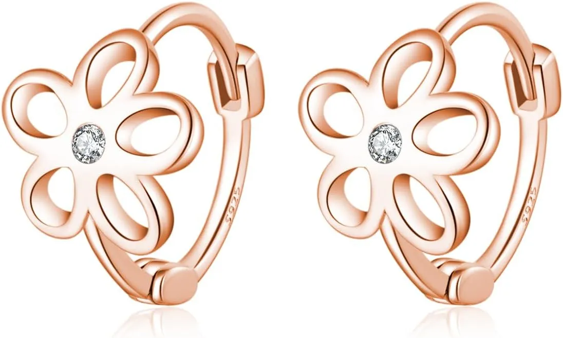 Reffeer Solid 925 Sterling Silver Flower Hoop Earrings Huggie for Women Teens CZ Flower Hoop Earrings Spring
