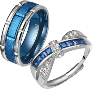 ringheart 2 Rings Couple Rings Bridal Sets Silver Ring Blue Cz Womens Wedding Ring Titanium Steel Man Wedding Bands
