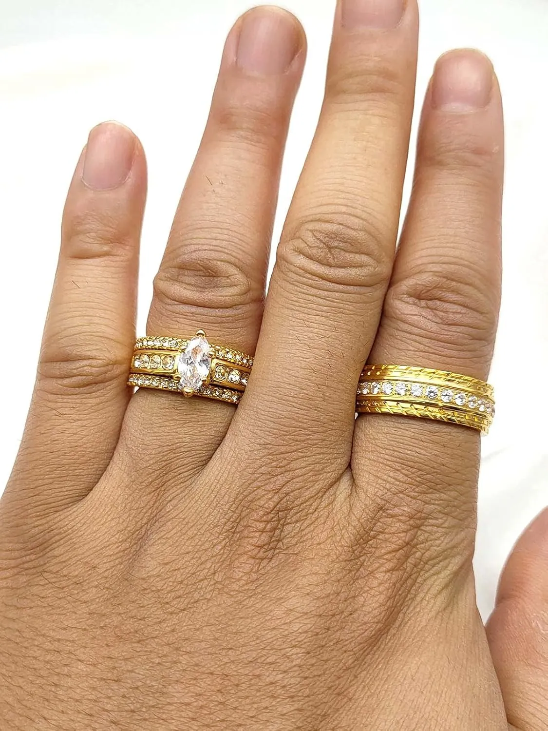ringheart 2 Rings Yellow Gold Plated His and Hers Rings Couple Rings Cz 3pcs Womens Wedding Ring Sets Titanium Steel Mens Wedding Bands