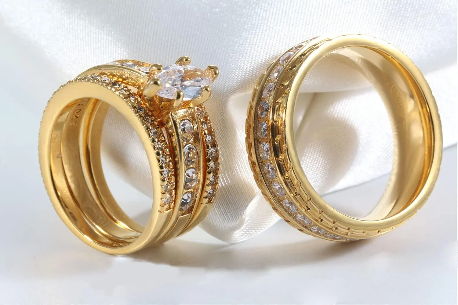ringheart 2 Rings Yellow Gold Plated His and Hers Rings Couple Rings Cz 3pcs Womens Wedding Ring Sets Titanium Steel Mens Wedding Bands