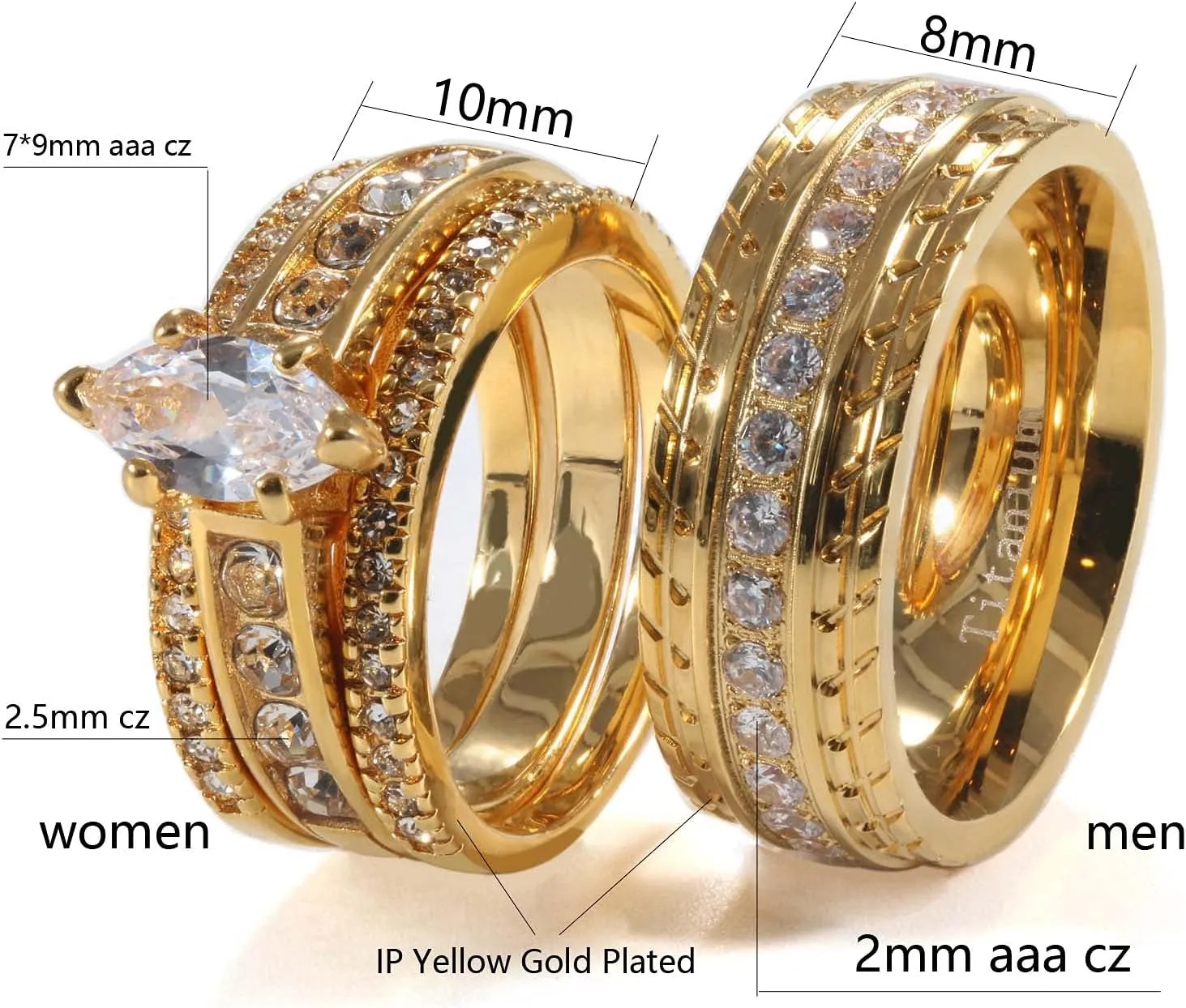 ringheart 2 Rings Yellow Gold Plated His and Hers Rings Couple Rings Cz 3pcs Womens Wedding Ring Sets Titanium Steel Mens Wedding Bands
