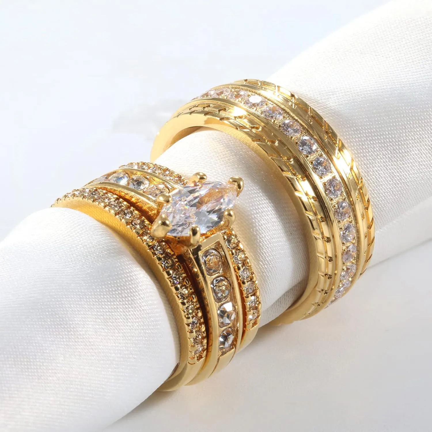 ringheart 2 Rings Yellow Gold Plated His and Hers Rings Couple Rings Cz 3pcs Womens Wedding Ring Sets Titanium Steel Mens Wedding Bands