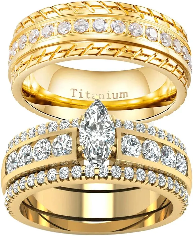 ringheart 2 Rings Yellow Gold Plated His and Hers Rings Couple Rings Cz 3pcs Womens Wedding Ring Sets Titanium Steel Mens Wedding Bands