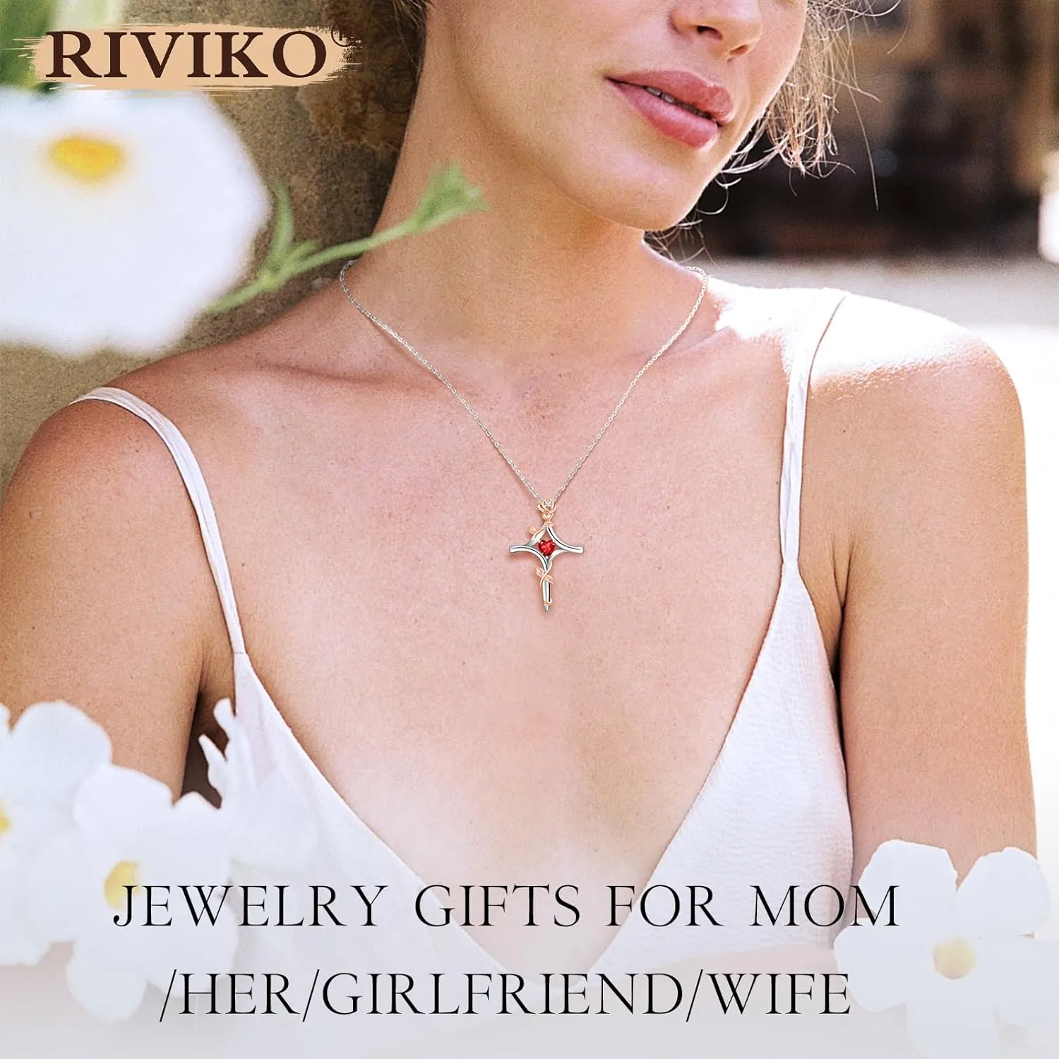 RIVIKO Rose Flower Cross Necklace for Women,925 Sterling Silver Birthstone Necklaces Heart Pendant,Cross Jewelry Anniversary Birthday Gifts for Women Wife Mom Lady