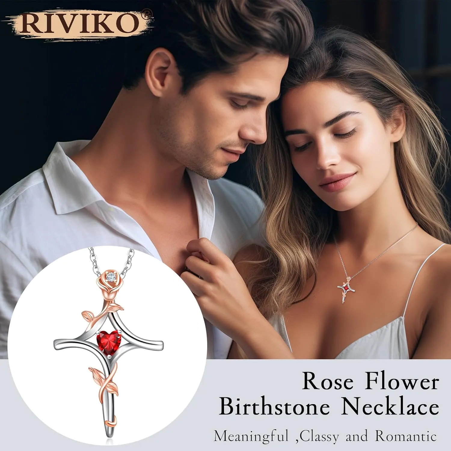 RIVIKO Rose Flower Cross Necklace for Women,925 Sterling Silver Birthstone Necklaces Heart Pendant,Cross Jewelry Anniversary Birthday Gifts for Women Wife Mom Lady