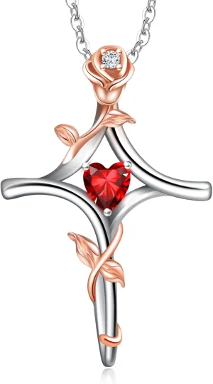 RIVIKO Rose Flower Cross Necklace for Women,925 Sterling Silver Birthstone Necklaces Heart Pendant,Cross Jewelry Anniversary Birthday Gifts for Women Wife Mom Lady