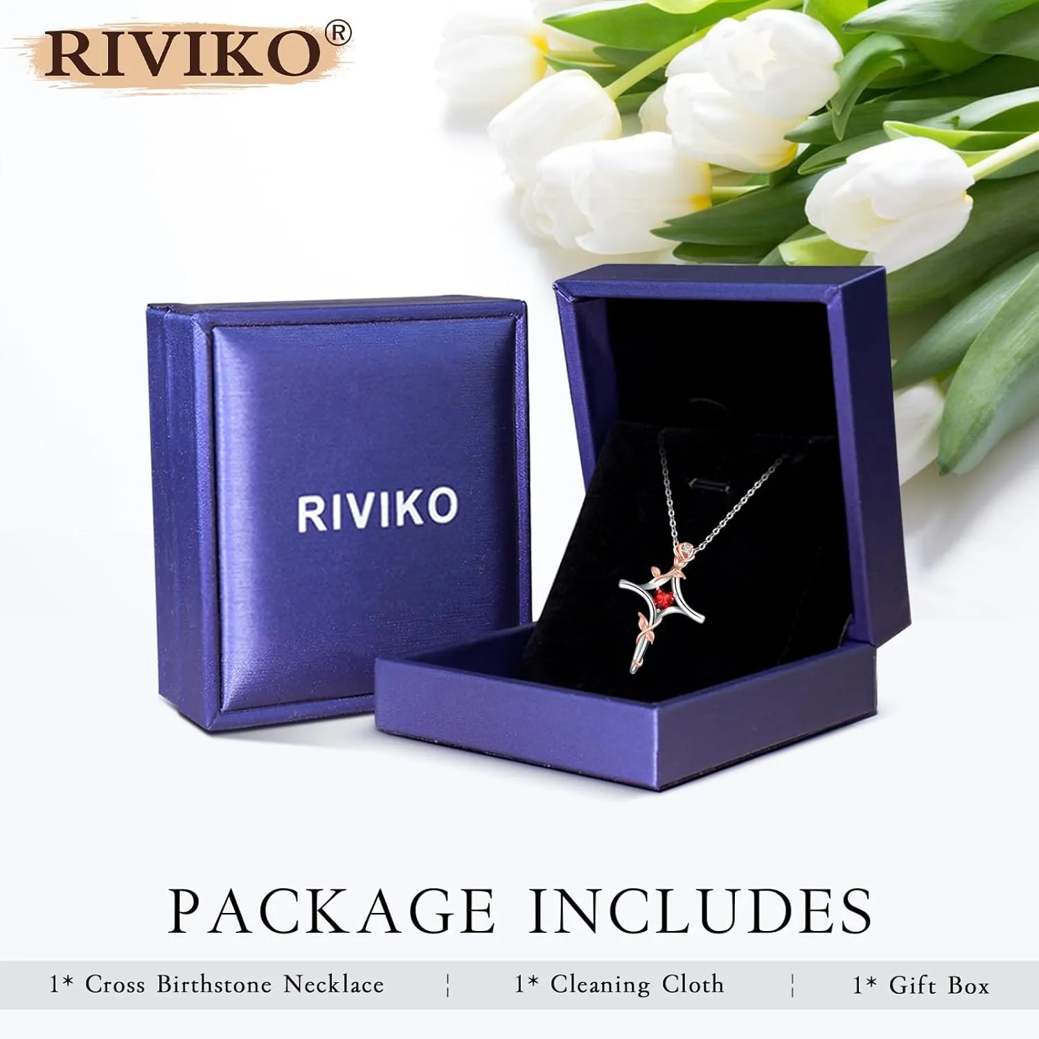 RIVIKO Rose Flower Cross Necklace for Women,925 Sterling Silver Birthstone Necklaces Heart Pendant,Cross Jewelry Anniversary Birthday Gifts for Women Wife Mom Lady