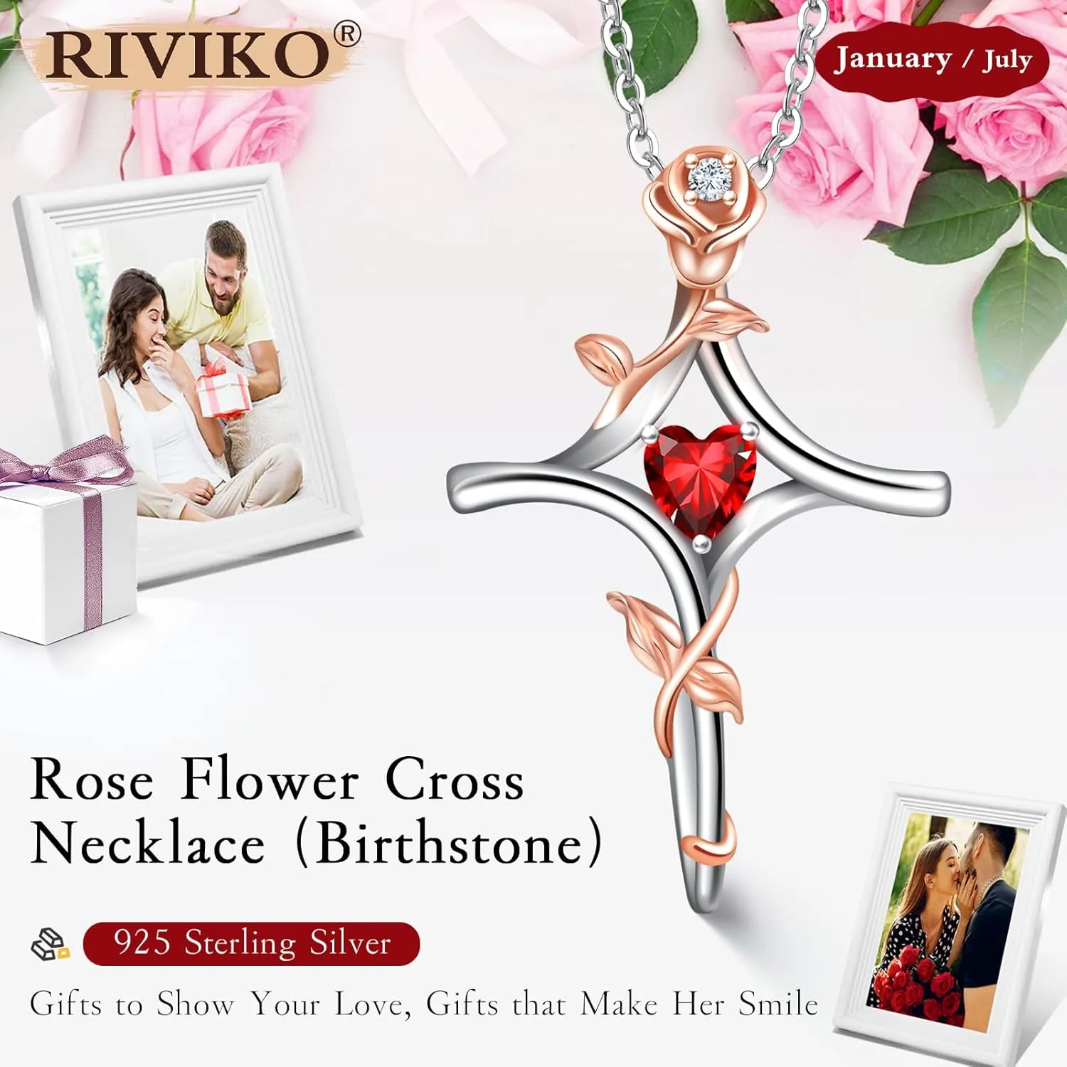 RIVIKO Rose Flower Cross Necklace for Women,925 Sterling Silver Birthstone Necklaces Heart Pendant,Cross Jewelry Anniversary Birthday Gifts for Women Wife Mom Lady