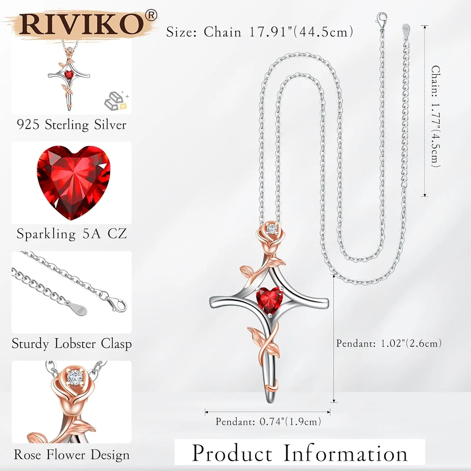 RIVIKO Rose Flower Cross Necklace for Women,925 Sterling Silver Birthstone Necklaces Heart Pendant,Cross Jewelry Anniversary Birthday Gifts for Women Wife Mom Lady