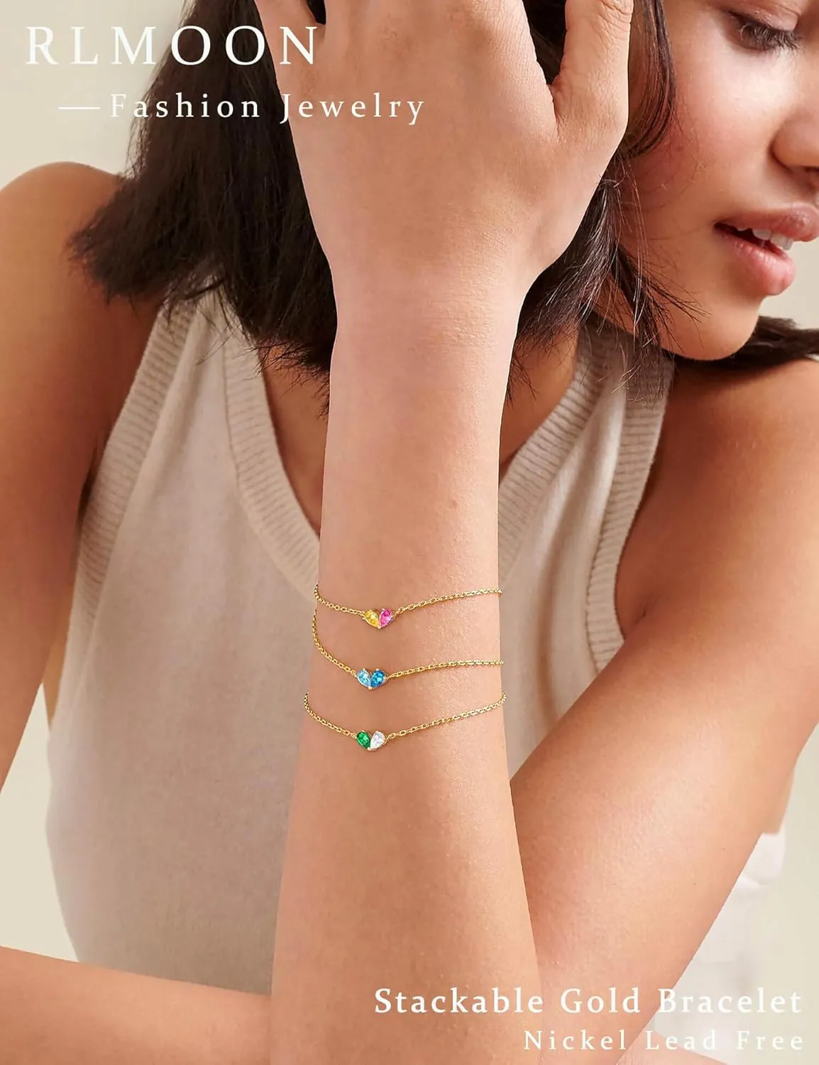 RLMOON Gold Bracelets for Women Dainty 2 Birthstone Bracelets Non tarnish 14K Gold Plated Heart CZ Bracelet for Mother and Daughter Anniversary Birthday Jewelry Gift