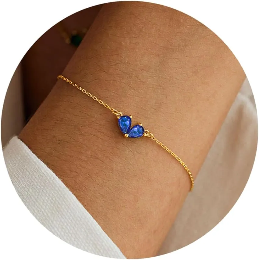 RLMOON Gold Bracelets for Women Dainty 2 Birthstone Bracelets Non tarnish 14K Gold Plated Heart CZ Bracelet for Mother and Daughter Anniversary Birthday Jewelry Gift