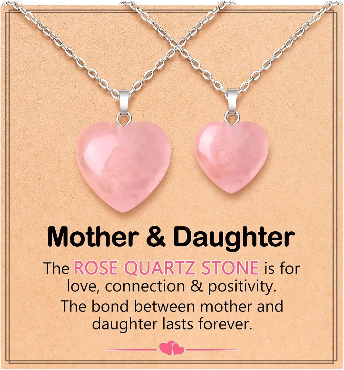 Rose Quartz Heart Necklaces Set of 2- Mom Daughter Sister Gifts for Birthday, Christmas, Valentines, Mothers Day, Back to School