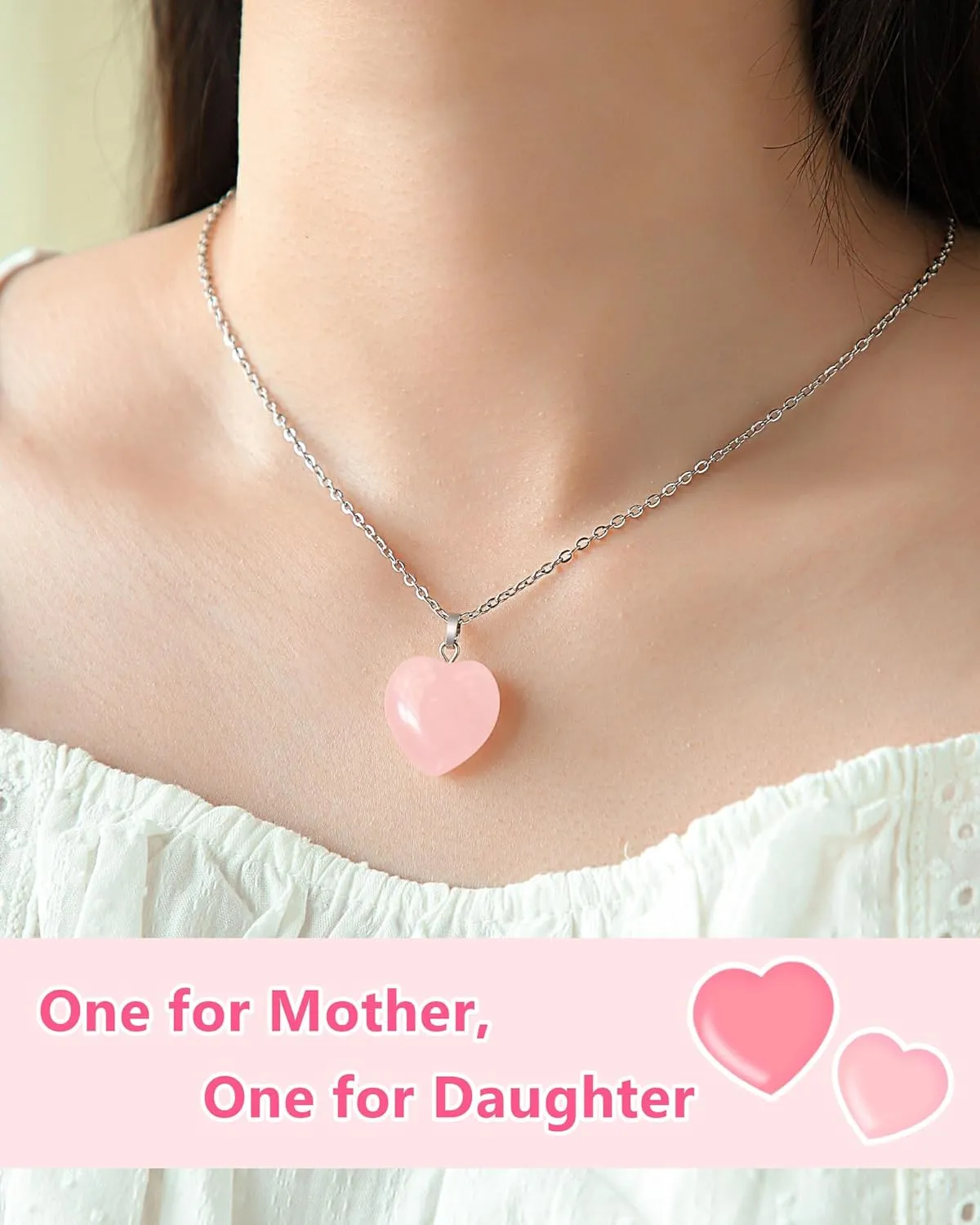 Rose Quartz Heart Necklaces Set of 2- Mom Daughter Sister Gifts for Birthday, Christmas, Valentines, Mothers Day, Back to School
