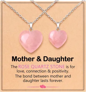 Rose Quartz Heart Necklaces Set of 2- Mom Daughter Sister Gifts for Birthday, Christmas, Valentines, Mothers Day, Back to School