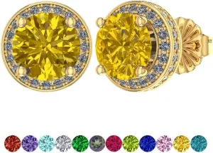 Round Halo Birthstone Stud Earrings 6.5mm Sterling Silver Pure Brilliance Zirconia & Simulated Gemstones