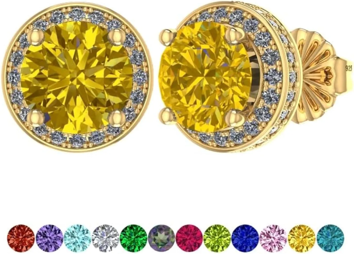 Round Halo Birthstone Stud Earrings 6.5mm Sterling Silver Pure Brilliance Zirconia & Simulated Gemstones