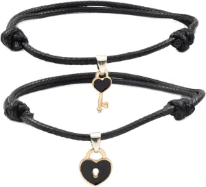 Rrdaily 2 Pcs Couples Heart Bracelets for Women Men, Charm Lock Key Matching Bracelets Best Friend Boyfriend Girlfriend Lover Jewelry Gifts