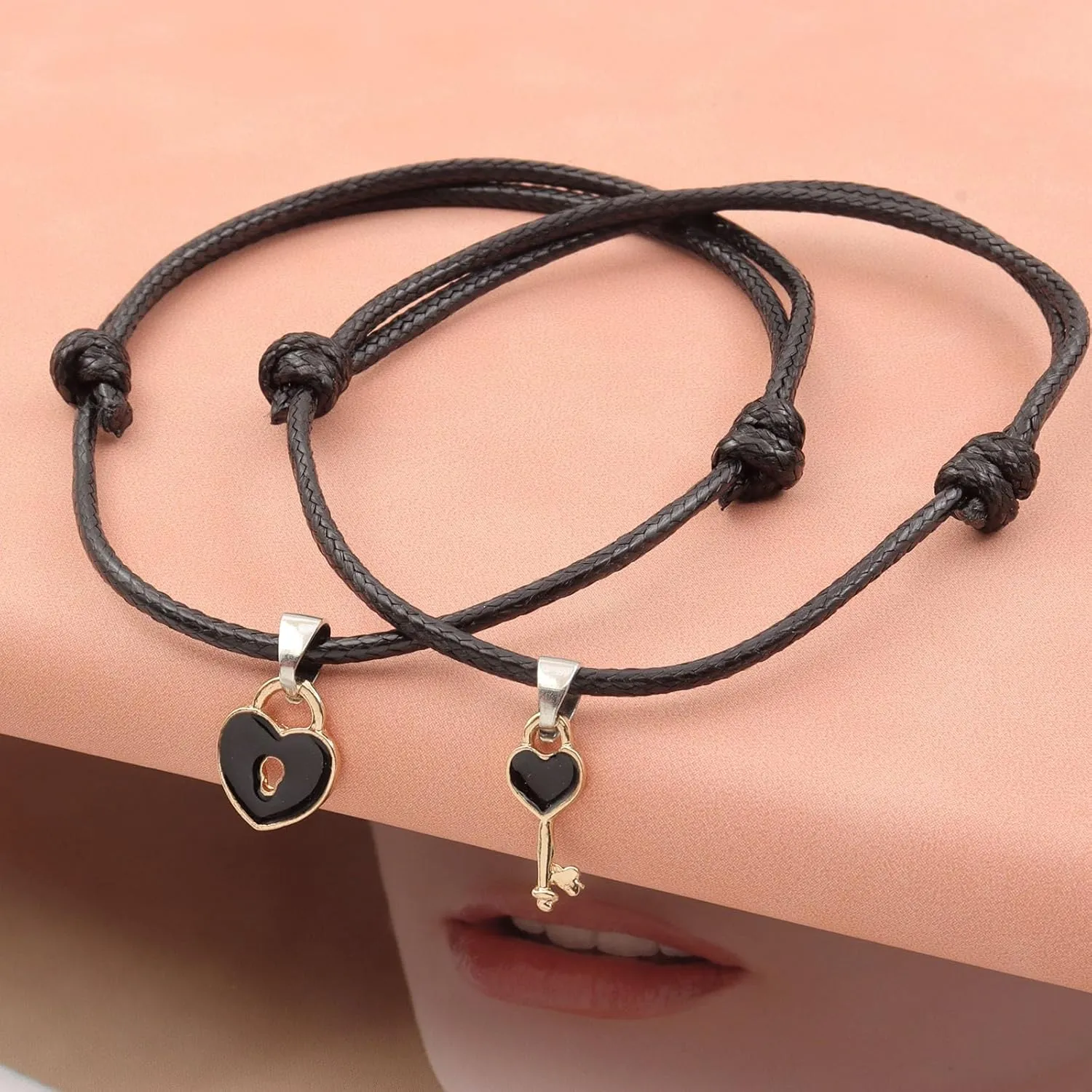 Rrdaily 2 Pcs Couples Heart Bracelets for Women Men, Charm Lock Key Matching Bracelets Best Friend Boyfriend Girlfriend Lover Jewelry Gifts