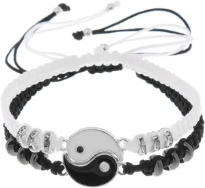 Rrdaily 2 Pcs Handmade Tai Chi Yin Yang Clay Bracelet Set, Adjustable Woven Soft Ceramic Black White Yin Yang Bracelet,Best Friend Bracelets for Women Men Friendship Jewelry Gifts