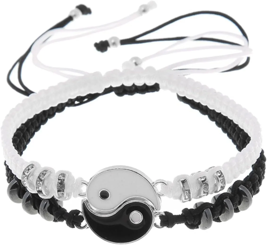 Rrdaily 2 Pcs Handmade Tai Chi Yin Yang Clay Bracelet Set, Adjustable Woven Soft Ceramic Black White Yin Yang Bracelet,Best Friend Bracelets for Women Men Friendship Jewelry Gifts