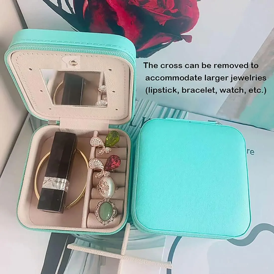RT&BS Travel Jewelry Case with Mirror, Jewelry Box for Rings Earrings Necklaces, Gifts for Women Girls (Cyan Blue)