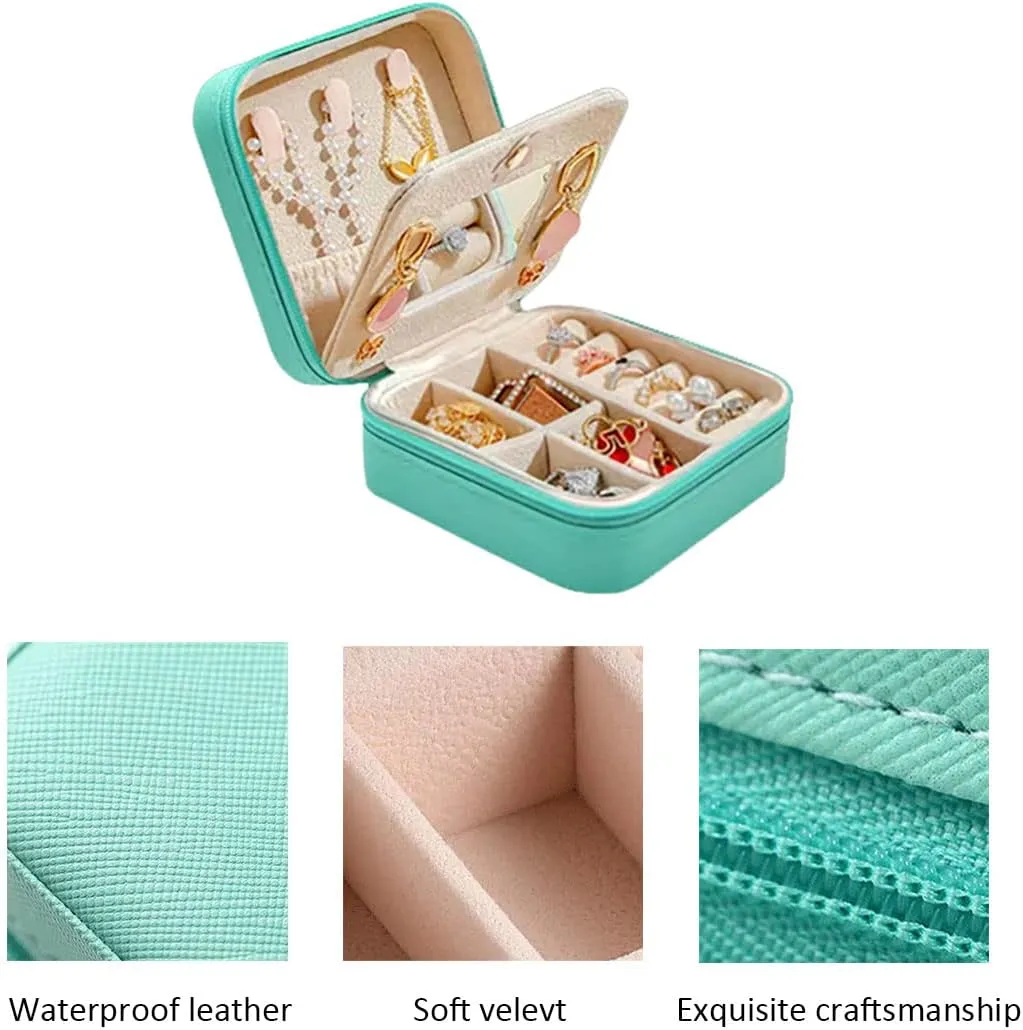 RT&BS Travel Jewelry Case with Mirror, Jewelry Box for Rings Earrings Necklaces, Gifts for Women Girls (Cyan Blue)