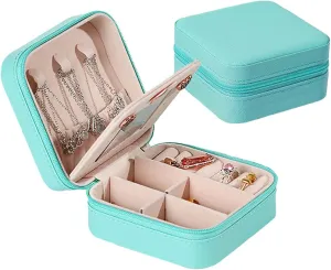 RT&BS Travel Jewelry Case with Mirror, Jewelry Box for Rings Earrings Necklaces, Gifts for Women Girls (Cyan Blue)