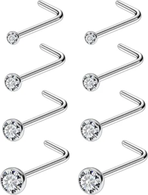Ruifan ASTM F136 Titanium Nose Rings 18G 20G 22G Jeweled Clear Round Cubic Zirconia Nose Studs Ring Screw L-Shaped Bone Hypoallergenic Body Piercing Jewelry for Women 1.5mm 2mm 2.5mm 3mm 8PCS