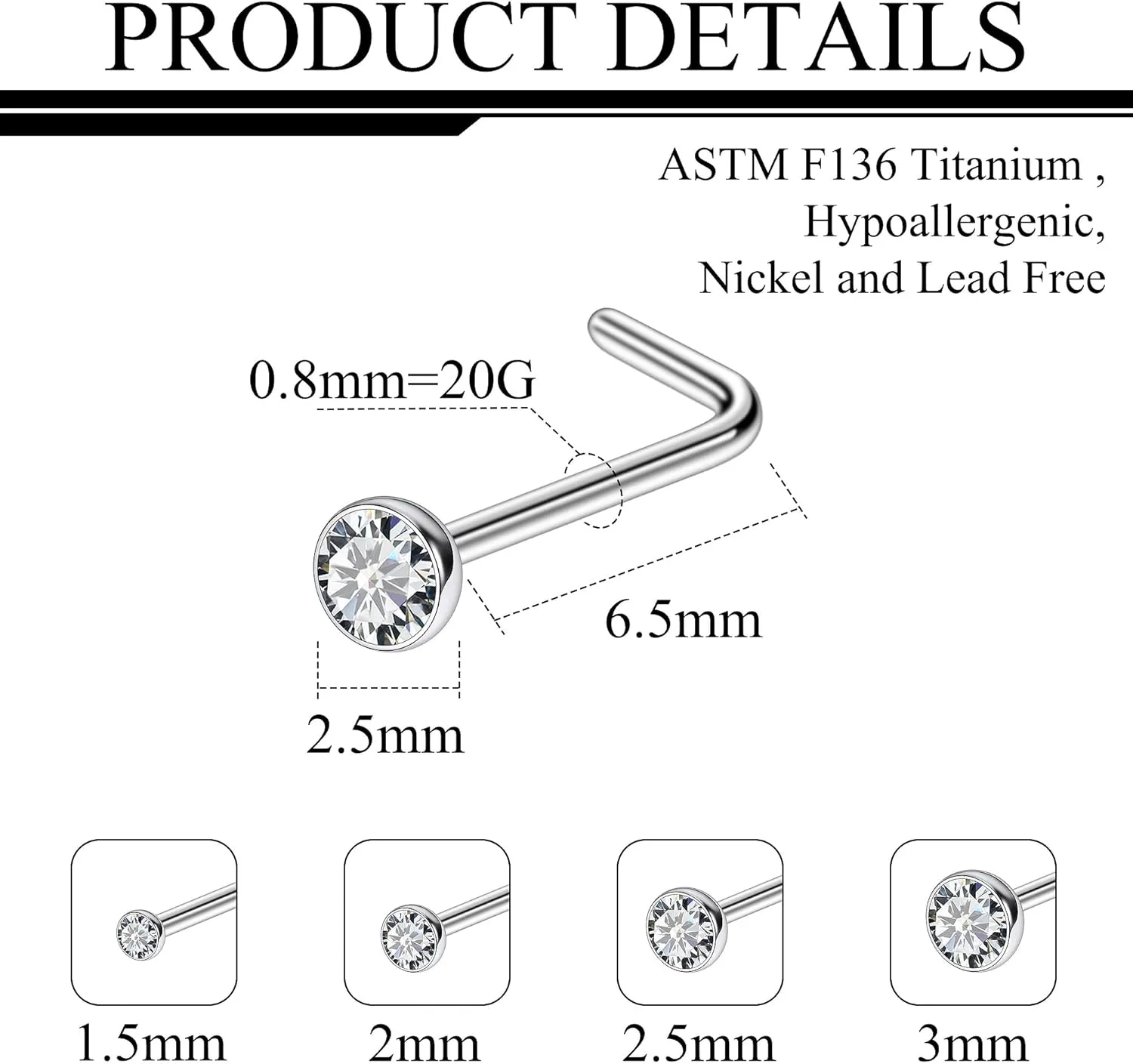 Ruifan ASTM F136 Titanium Nose Rings 18G 20G 22G Jeweled Clear Round Cubic Zirconia Nose Studs Ring Screw L-Shaped Bone Hypoallergenic Body Piercing Jewelry for Women 1.5mm 2mm 2.5mm 3mm 8PCS