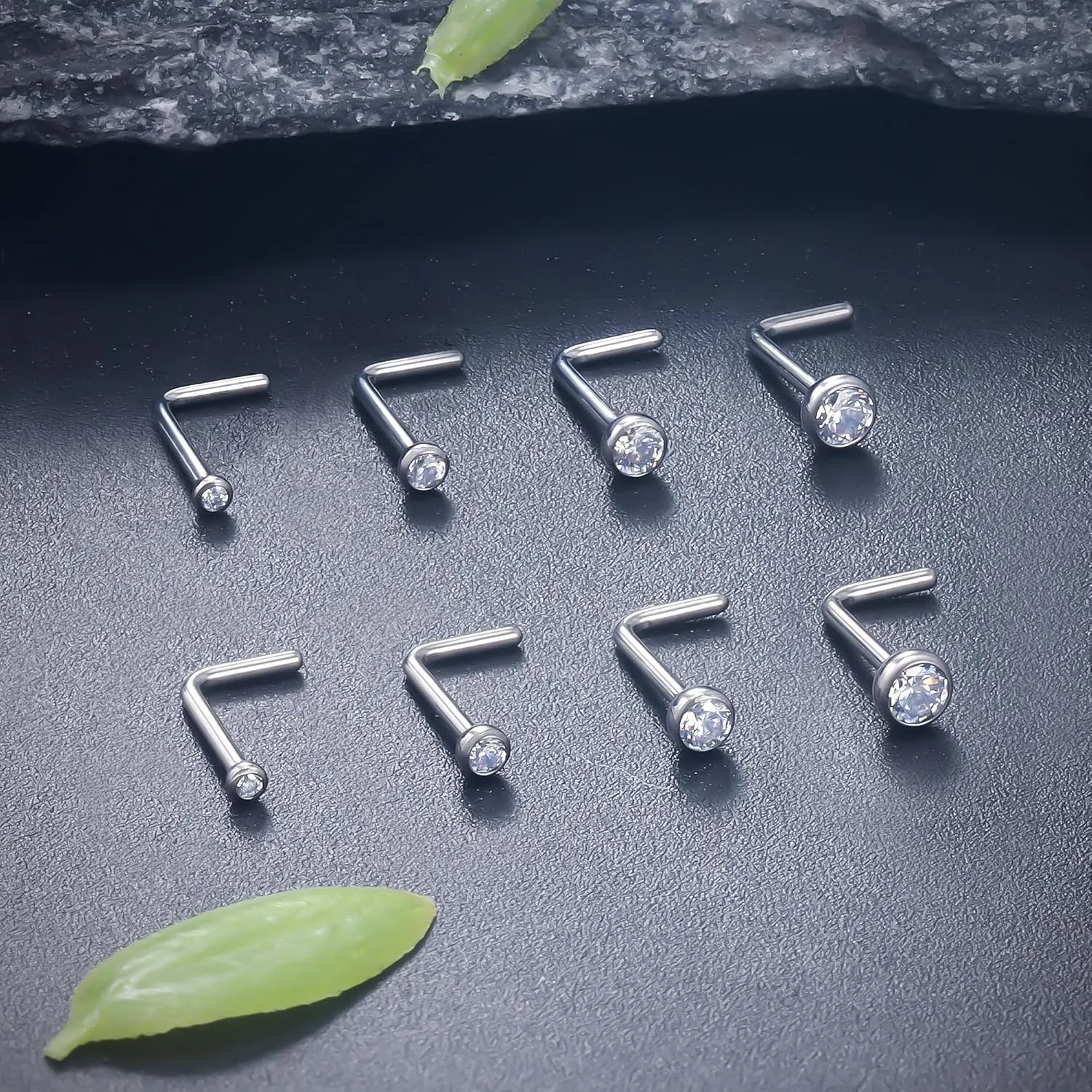Ruifan ASTM F136 Titanium Nose Rings 18G 20G 22G Jeweled Clear Round Cubic Zirconia Nose Studs Ring Screw L-Shaped Bone Hypoallergenic Body Piercing Jewelry for Women 1.5mm 2mm 2.5mm 3mm 8PCS