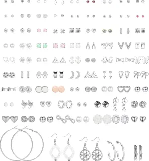 SAILIMUE 84 Pairs Assorted Multiple Stud Earrings Hoop Set Dangle Cute Hypoallergenic CZ Bow Butterfly Flower Leaf Ball Simple Drop Earrings Stud for Women Pack Silver
