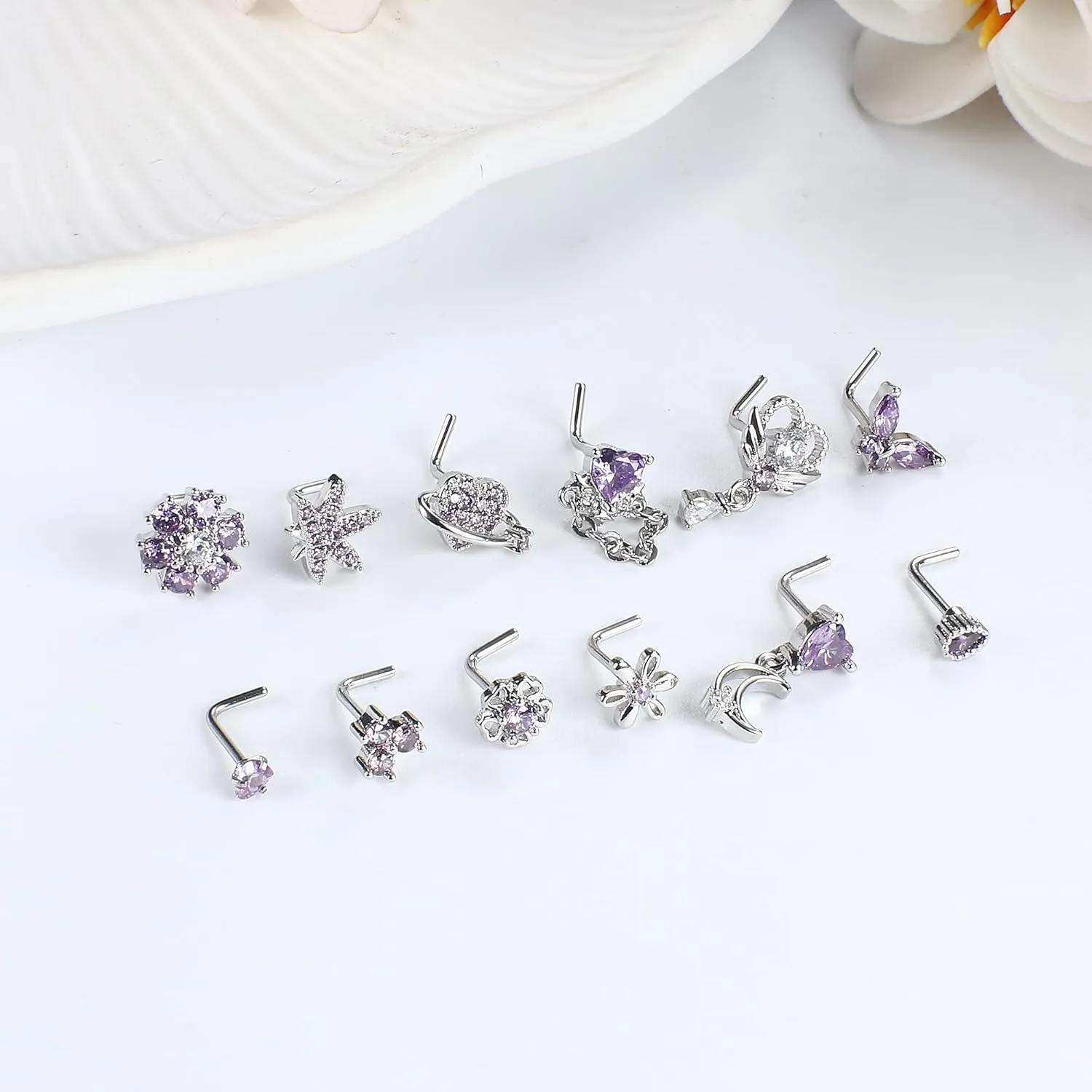 Sanfenly 12 PCS 20G Nose Rings Surgical Stainless Steel, L Shaped Nose Studs for Women Men, CZ Heart Butterfly Flower Leaf Moon Dangle Cute Nose Piercings Studs Screw Jewelry Pink/Purple/Blue/Clear
