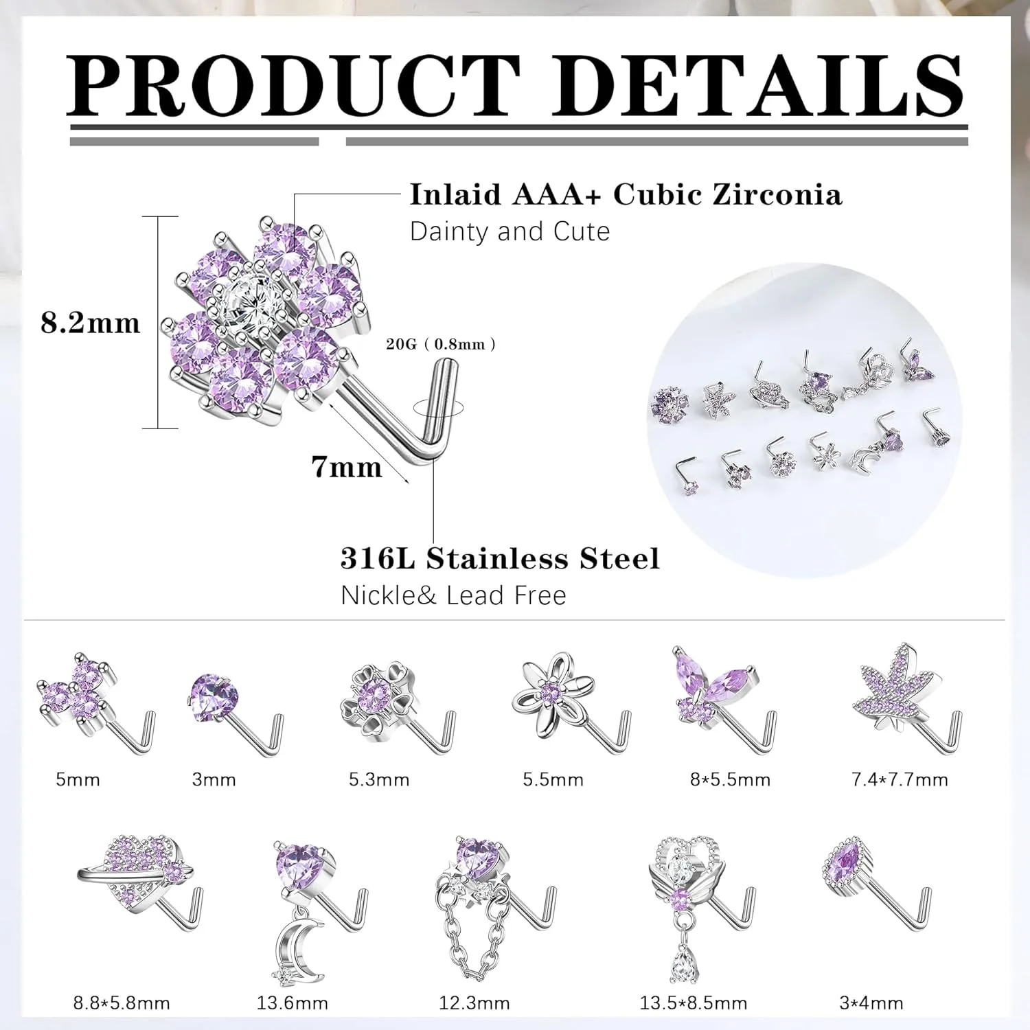 Sanfenly 12 PCS 20G Nose Rings Surgical Stainless Steel, L Shaped Nose Studs for Women Men, CZ Heart Butterfly Flower Leaf Moon Dangle Cute Nose Piercings Studs Screw Jewelry Pink/Purple/Blue/Clear
