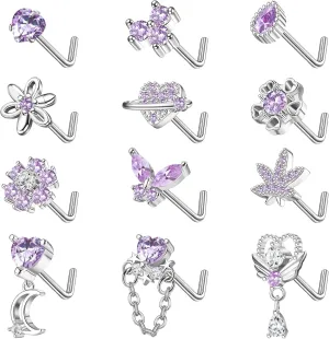 Sanfenly 12 PCS 20G Nose Rings Surgical Stainless Steel, L Shaped Nose Studs for Women Men, CZ Heart Butterfly Flower Leaf Moon Dangle Cute Nose Piercings Studs Screw Jewelry Pink/Purple/Blue/Clear